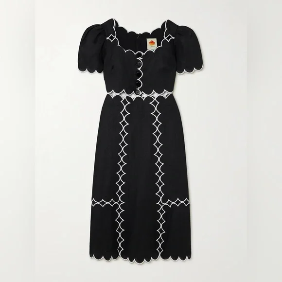 New Farm Rio Scalloped Cutout Linen Euroflax Maxi Dress Black White